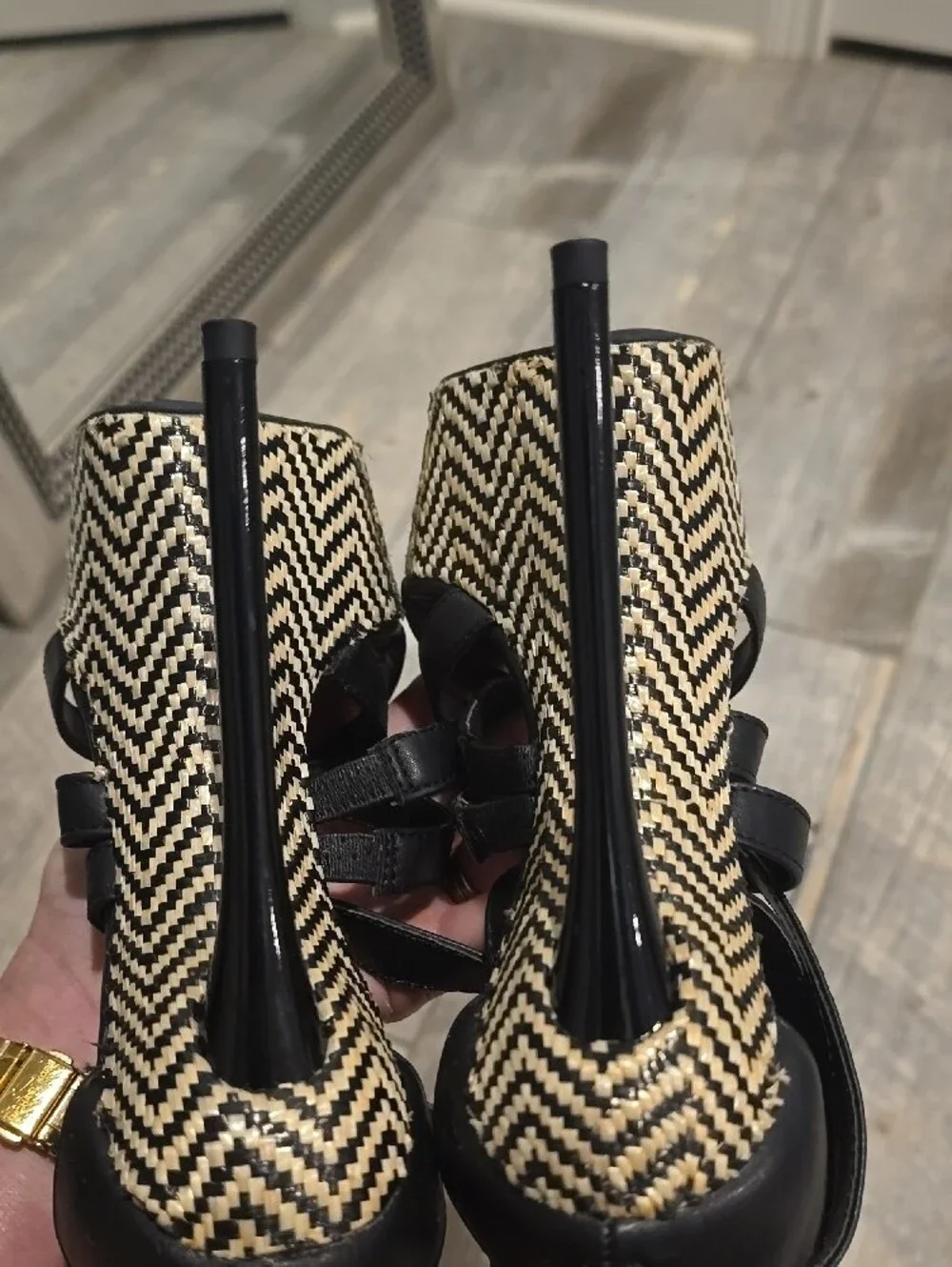 NWT Qupid Black Strappy Platform Heels with Woven Chevron Platform